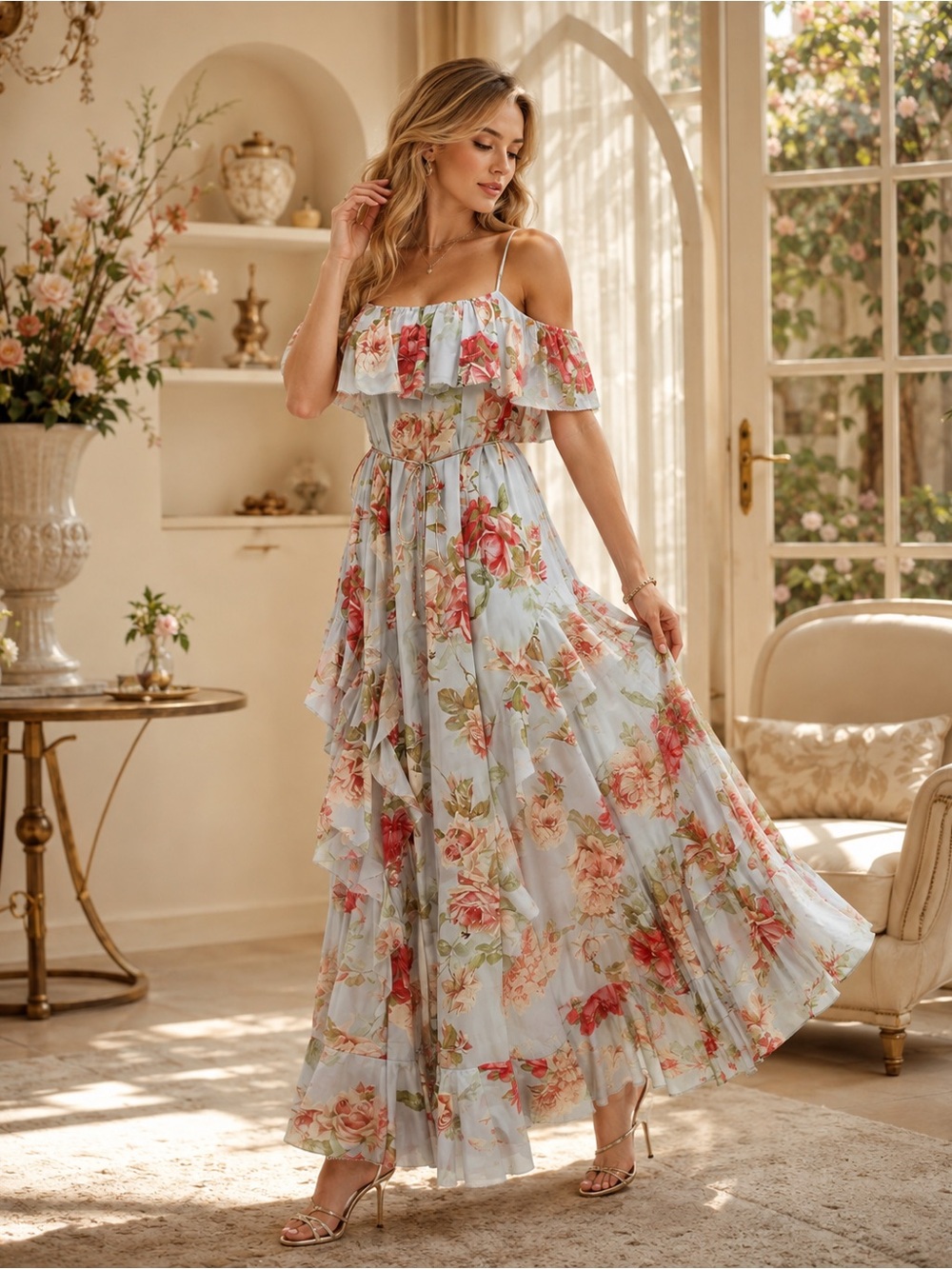 Zimmermann Light Blue Floral Off-Shoulder Maxi Dress